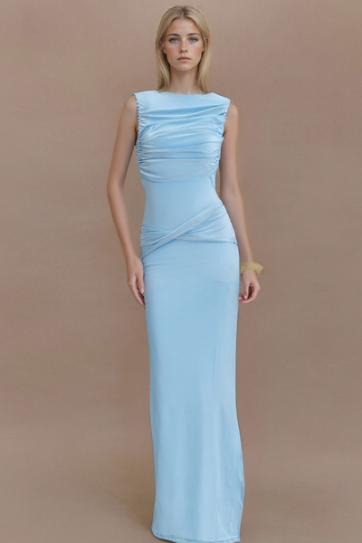 Sexy slim-fit solid color half-high collar one-shoulder slightly flared long sleeve high slit maxi dress