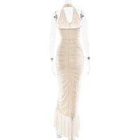 Solid color V-neck irregular hem halter neck pleated dress - Thumbnail 6