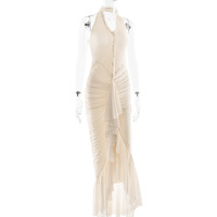 Solid color V-neck irregular hem halter neck pleated dress - Thumbnail 7