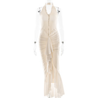 Solid color V-neck irregular hem halter neck pleated dress - Thumbnail 8