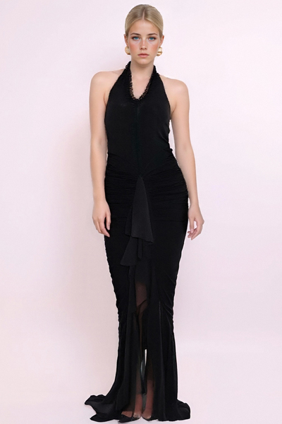 Solid color V-neck irregular hem halter neck pleated dress