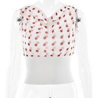 Polka dot hottie cropped top sexy slim backless lace-up patchwork t-shirt - Thumbnail 3