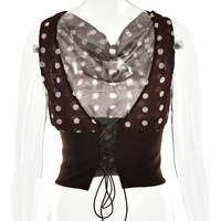 Polka dot hottie cropped top sexy slim backless lace-up patchwork t-shirt - Thumbnail 4