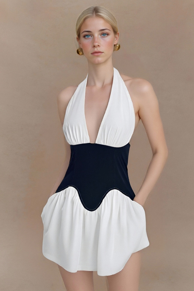 Sleeveless halter neck dress Fashion sexy hot girl backless color matching short skirt