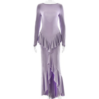 Fashionable and sexy backless solid color ruffled slit dress - Thumbnail 3