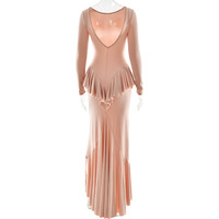 Fashionable and sexy backless solid color ruffled slit dress - Thumbnail 4