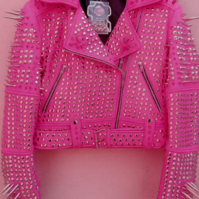 Crafted leather new women's punk rock full pink long spiked classic studded brando rusty leather jacket 