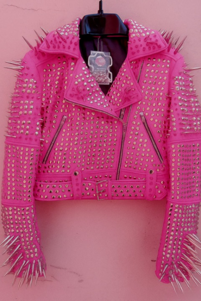 Crafted Leather New Women's Punk Rock Full Pink Long Spiked Classic Studded Brando Rusty Leather Jacket 