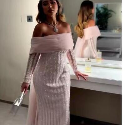 Customized elegant bateall mermaid sweep/brush evening dresses sequin net/tulle formal occasion gown 