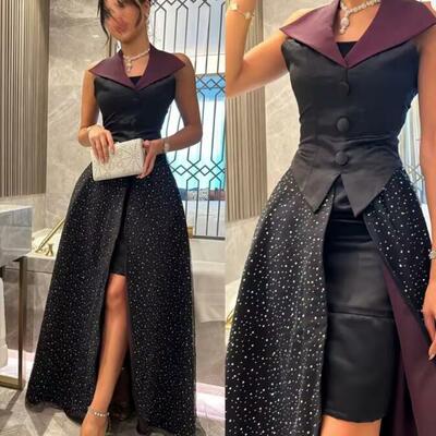 Customized fashion intricate v neck empire sequin floor length sleeveless button tank formal evening gowns 