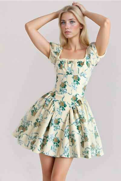 Retro Oil Painting Style Bow Tie Tutu Skirt Lace Princess Dress