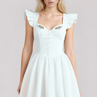 Sweet Flying Sleeves Herringbone Embroidered Square Neck Mini Dress - Thumbnail 1