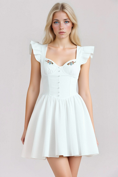 Sweet Flying Sleeves Herringbone Embroidered Square Neck Mini Dress
