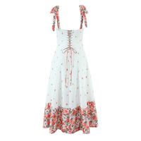White floral contrast bow tie sundress waist dress - Thumbnail 1