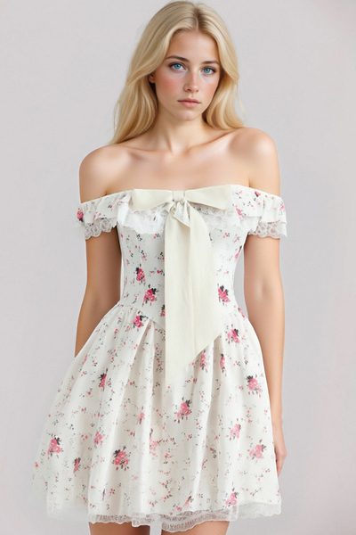 Sweet one-shoulder bow floral lace waist dress
