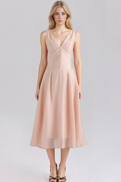 Sweet pink one-row button sexy V-neck waist camisole dress