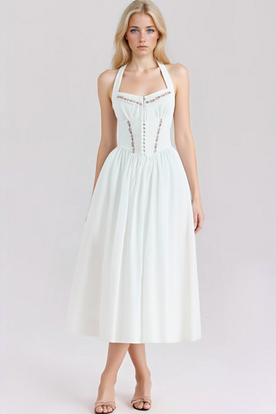 Temperament embroidered bow sexy strappy backless halter neck tube top sundress dress