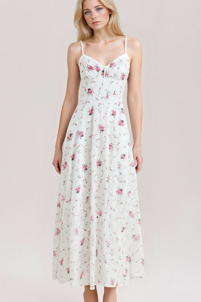 Rose Print Lace Tube Top Back Tie Waist Suspender Dress