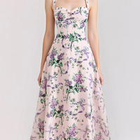 Sweet floral print suspender dress with waist-hugging A-line midi skirt - Thumbnail 1