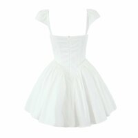 Sexy square neck flying sleeves backless dress pleated little white dress - Thumbnail 1