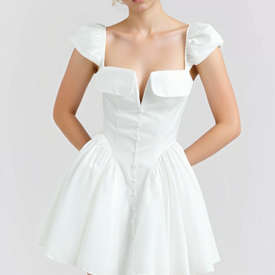 Sexy square neck flying sleeves backless dress pleated little white dress