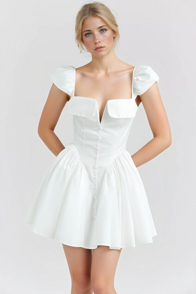 Sexy square neck flying sleeves backless dress pleated little white dress