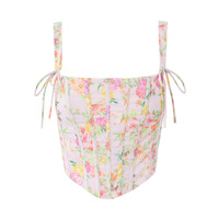 Romantic and dreamy floral herringbone lace-up camisole top - Thumbnail 1