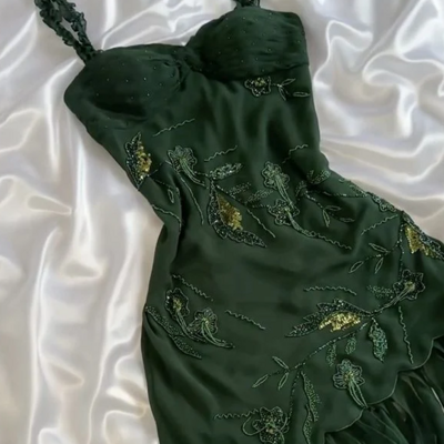 Beautiful dark green chiffon ruffle prom dress formal evening dress  - Thumbnail 1