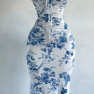 Charming blue print new long prom dresses - Thumbnail 1