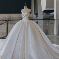 Strapless Satin Ballgown Wedding Dress, Corset Bodice Bridal Gown With Applique, Full Skirt Luxury Princess Wedding Dress - Thumbnail 4