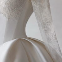 Ivory off-the-shoulder satin wedding dress, A-line gown with lace bodice and long sleeves, trailing bridal shape, minimalist bridal gown - Thumbnail 2