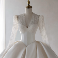 Ivory off-the-shoulder satin wedding dress, A-line gown with lace bodice and long sleeves, trailing bridal shape, minimalist bridal gown - Thumbnail 4