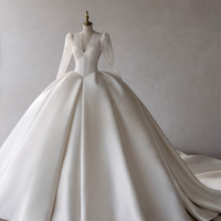 Ivory off-the-shoulder satin wedding dress, A-line gown with lace bodice and long sleeves, trailing bridal shape, minimalist bridal gown - Thumbnail 5