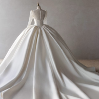 Ivory off-the-shoulder satin wedding dress, A-line gown with lace bodice and long sleeves, trailing bridal shape, minimalist bridal gown - Thumbnail 6