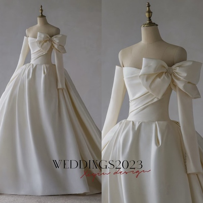 Elegant lace long sleeve satin a-line wedding dress custom backless bridal gown, sweetheart bow design wedding dress