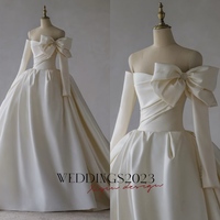 Elegant lace long sleeve satin A-line wedding dress custom backless bridal gown, sweetheart bow design wedding dress - Thumbnail 1