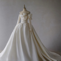 Elegant lace long sleeve satin A-line wedding dress custom backless bridal gown, sweetheart bow design wedding dress - Thumbnail 8