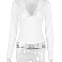 Sexy lace hollow V-neck long-sleeved top - Thumbnail 2