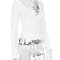 Sexy lace hollow V-neck long-sleeved top - Thumbnail 6