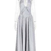 Sexy Deep V Blue Striped Halter Neck Backless Dress Women's Waisted Mid-Length Dress - Thumbnail 2
