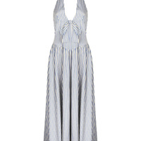Sexy Deep V Blue Striped Halter Neck Backless Dress Women's Waisted Mid-Length Dress - Thumbnail 5