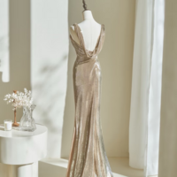 Gold Prom Dress, Mermaid Prom Dress, Sequined Prom Dress with Off Shoulder Straps, Long Prom Dress with Sweethear Neckline, Evening Dress - Thumbnail 5