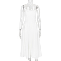 Sexy Deep V Blue Striped Halter Neck Backless Dress Women's Waisted Mid-Length Dress - Thumbnail 3