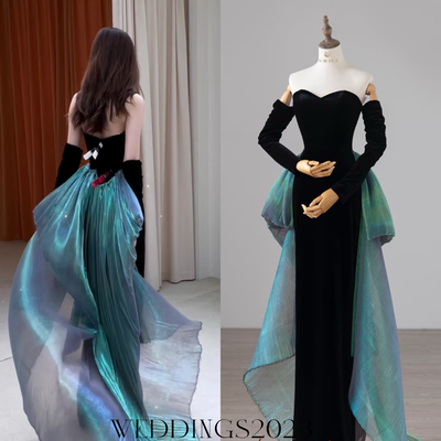 Black velvet evening gown, sweetheart backless dress, long sleeve luxury gown 