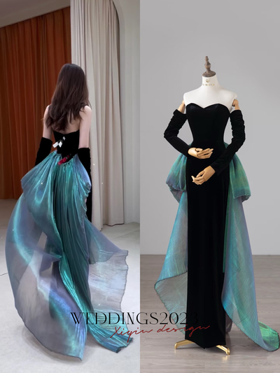 Black velvet evening gown, sweetheart backless dress, long sleeve luxury gown 