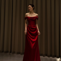 Luxurious Red Satin Prom Dress Off Shoulder Red Ball Gown Red Satin Maxi Dress Evening Gowns Wedding Party Dress Formal Dress - Thumbnail 1