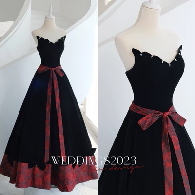 Fairy black velvet bridesmaid dress, long evening gown, unique neckline design lace element ball gown