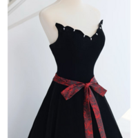 Fairy black velvet bridesmaid dress, long evening gown, unique neckline design lace element ball gown - Thumbnail 4