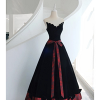 Fairy black velvet bridesmaid dress, long evening gown, unique neckline design lace element ball gown - Thumbnail 5