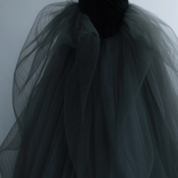 Elegant black velvet mini dress with grey tulle trim - perfect for birthdays, special occasions and evening parties - Thumbnail 2